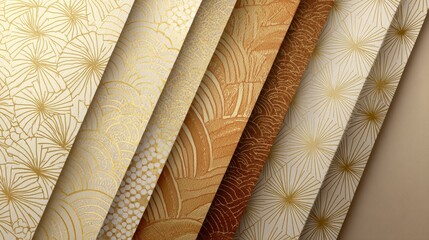 Delicate geometric pattern with elegant shades of gold, beige, and cream forming a smooth gradient. Minimalist abstract background with subtle Japanese paper texture, modern and luxurious design