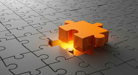 Orange puzzle piece fitting into a jigsaw puzzle.