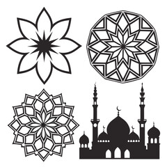 Islamic Floral and Geometric Motifs with Mosque Silhouette Keywords: Islamic art, geometric