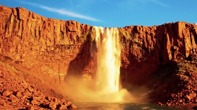 Air terjun di tebing tandus berbatu merah cinematic 4K, aliran kuat jatuh menciptakan percikan, cahaya sore keemasan, langit biru lebar atas awan tipis, vegetasi minimal statis; realistic, 3D look