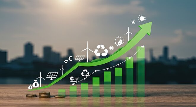 Green economy growth concept with environmental icons, rising arrow, and bar graph over a city skyline.
