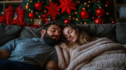 Couple sleeping on couch with christmas tree lights glowing in the background