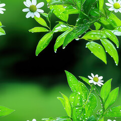 Fresh green leaves and white daisy flowers with water droplets create vibrant, natural scene, evoking sense of freshness and tranquility in lush outdoor garden setting