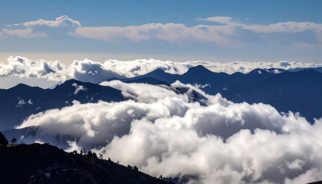 High-altitude mountain range shrouded in clouds