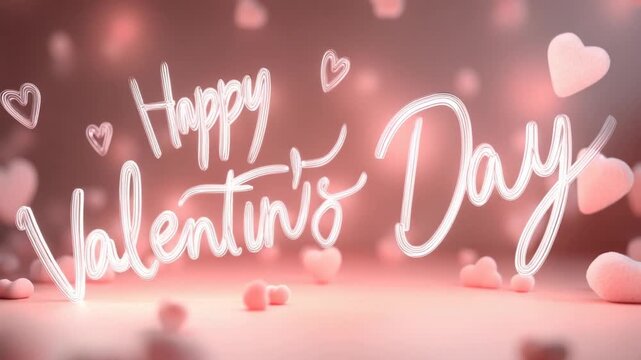 A soft pink Valentine's Day greeting featuring the words "Happy Valentine's Day" in a glowing, light-white script font.  Pink hearts of varying sizes float around the words