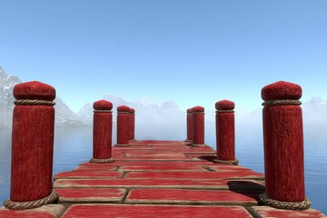 Fototapeta premium Red wooden pier extends into a tranquil lake, mountains in the background