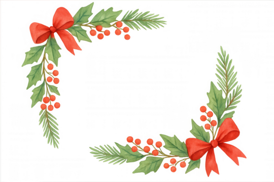 Christmas corner border with red bows, holly, berries, and pine branches, watercolor frame on transparent background