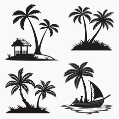 Tropical Island Silhouettes With Palm Trees And Hut