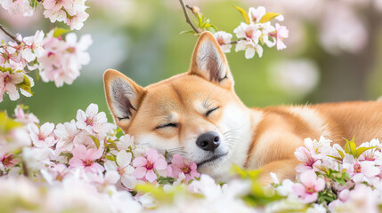 Shiba Inu dog resting peacefully among blooming cherry blossom flowers, springtime nature scene, soft light, tranquil and serene atmosphere, green background