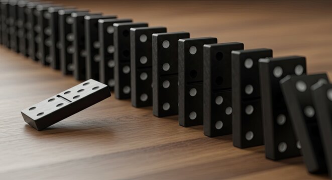 A falling domino piece starting a chain reaction with a row of standing dominoes on a wooden table.