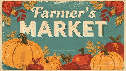A charming retro poster for a "Farmer's Market" featuring vintage typography and autumn harvest illustrations. A classic and inviting design for promoting local produce, small businesses, and fall fes