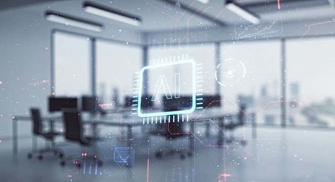 Holographic AI chip icon with digital data elements in a modern blurred office meeting room.