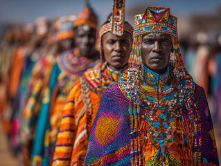 Samburu men and women in vibrant traditional clothing, beadwork, and headpieces marching proudly. Festival crowd enjoying the performance. 
