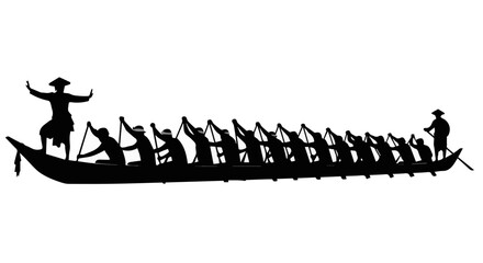 Pacu Jalur Water Sports in Indonesia Aura farming Silhouette of a traditional longboat crew rowing in unison, a powerful display of teamwork and cultural sport