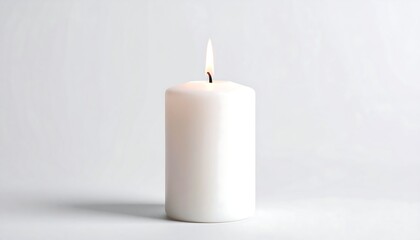 Single white candle on white background