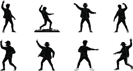 Hip hop dancer silhouette vector illustration, DJ performing on stage, street dance party, urban style performance, modern music culture artwork