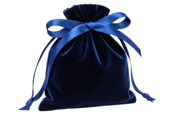 Blue velvet drawstring gift bag with a satin ribbon bow on a transparent background