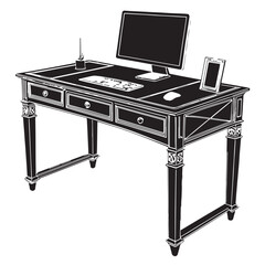 Black computer desk Silhouette Vector, High Quality Illustration on White Background