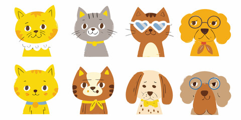 Collection of cute cartoon cats and dogs with accessories and different expressions