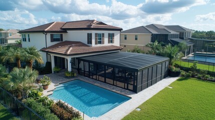 Luxury home with a pool and screened-in porch enclosure outdoors. Perfect to illustrate real estate, construction, and home improvement.