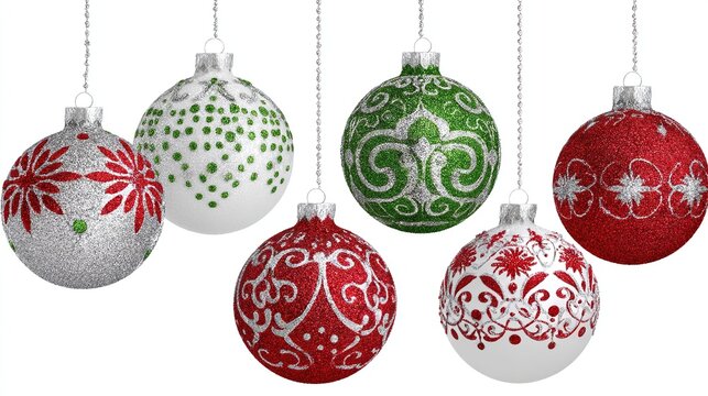 Christmas, decorations, red, green, white, festive decorations hung on a string, isolated on a pure white background. Suitable for Christmas-themed design or to add decoration to illustrations.