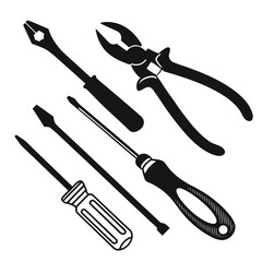 Assorted Hand Tools Scattered on White Background Keywords: tools, screwdrivers, pliers, wire