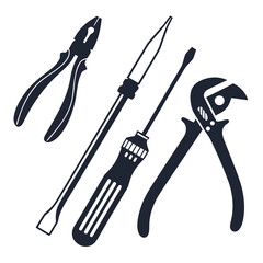 Assorted Hand Tools Silhouette Collection on White