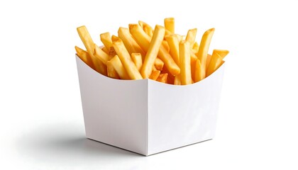 Crispy golden french fries in a white cardboard container