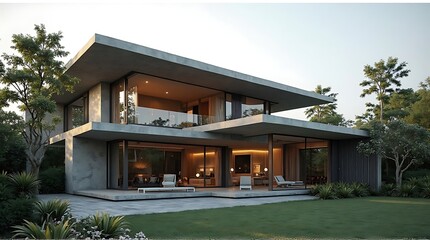 Fototapeta premium Modern concrete house with a large patio and pool, nestled in a tropical garden setting.