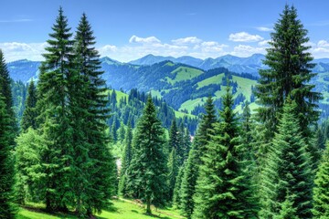 Lush mountain forest under a vibrant blue sky