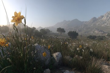 A sunlit meadow with yellow flowers and mountains