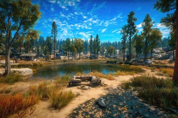 Sunny, tranquil, wooded lake scene with debris