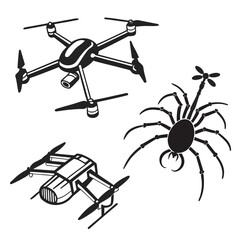 Drones and Detailed Spider Silhouettes on White Background