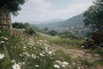 Rural hillside path, wildflowers, distant village