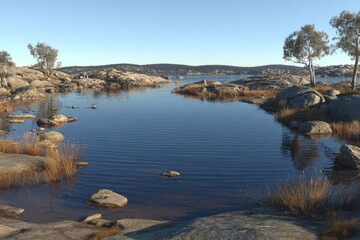 Tranquil lake nestled amongst rocky shores