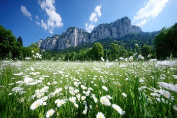 Sunny meadow blanketed in white flowers, dramatic cliffs rising behind
