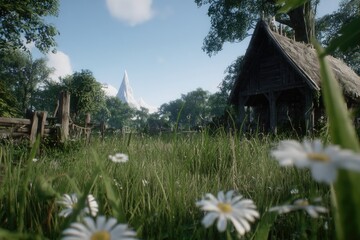 Meadow scene with old cabin and mountain