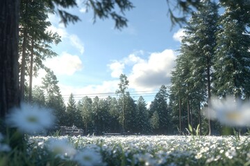 Snowy forest meadow with sunlit trees and delicate flowers