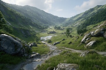 Lush valley, nestled between mountains