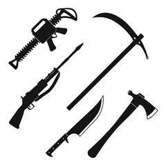 Five Silhouette Tools and Weapons on White Background