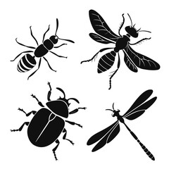 Four black silhouette insects including an ant and a beetle
