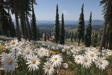 Panoramic view of a hillside blanketed in daisies, with a small red barn nestled in the valley beyond