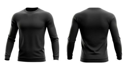 Front and back view of a plain, long-sleeved, black crew neck shirt, isolated on transparent background.