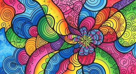 Vibrant kaleidoscopic artwork with dynamic psychedelic rainbow patterns