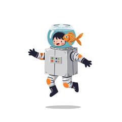  a child wearing a homemade astronaut costume from a silver-painted cardboard box and a fishbowl helmet, bouncing slowly as if on the moon,