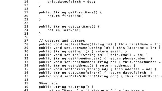 Computer code snippet showing Java class definition with getters and setters Keywords: code, programming, software, development, java, class, object oriented, programming language, computer