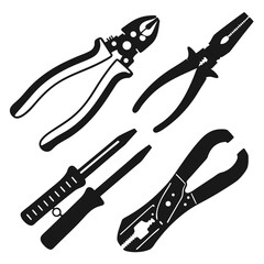 Set Of Four Black And White Hand Tools Including Pliers And Strippers