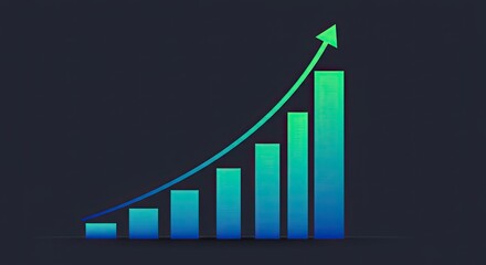 A vibrant blue and green bar chart with an upward-curving line graph illustrating business growth and positive financial progress on a dark background.