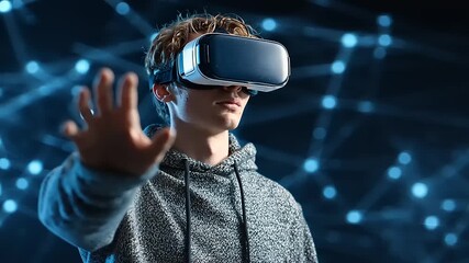 Young man experiencing virtual reality in a futuristic setting with digital connections in the background - Powered by Adobe