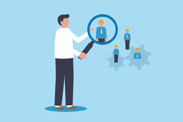 Man holding magnifying glass examining employees and potential hires in a business setting